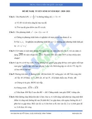 Đề đề nghị tuyển sinh Lớp 10 môn Toán - Đề số 4 - Năm học 2020-2021 - Trung tâm luyện thi Quốc gia NQH